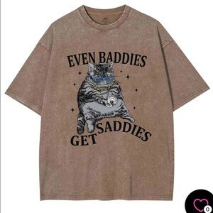 Even Baddies Get Saddies Y2K Washed Tee Cherrykitten in Oatmeal, cat t shirt NEW